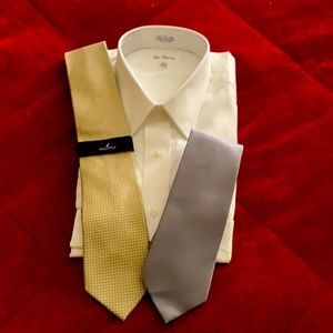 100% cotton men’s white dress shirt + 2 ties